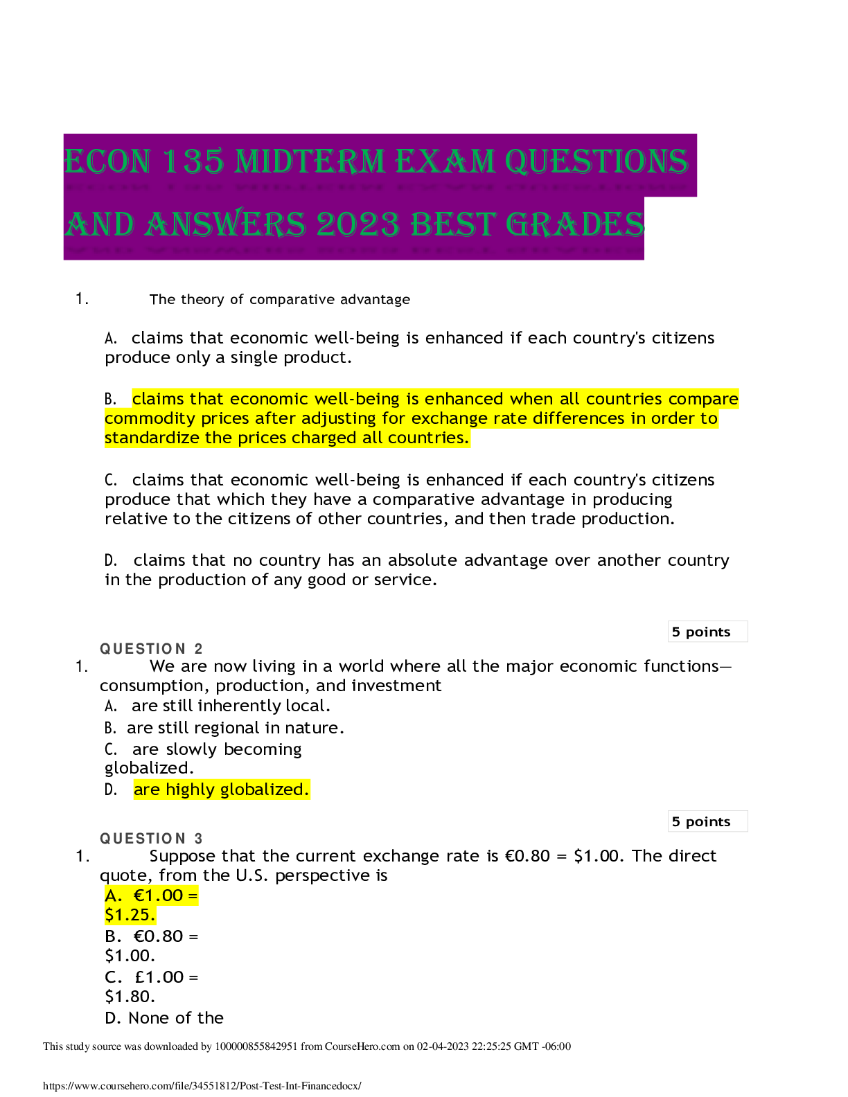Preview of ECON 135 MIDTERM EXAM QUESTIONS AND ANSWERS 2023 BEST GRADES